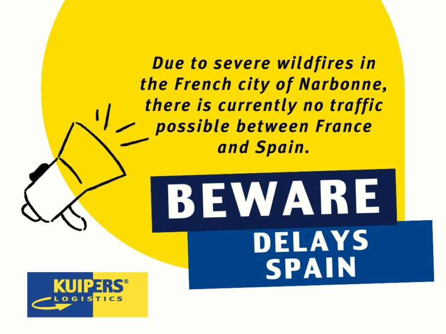 Notifaction with the text: Beware delays Spain. Due to severe wildfires in the French city of Narbonne, there is currently no traffic possible between France and Spain.