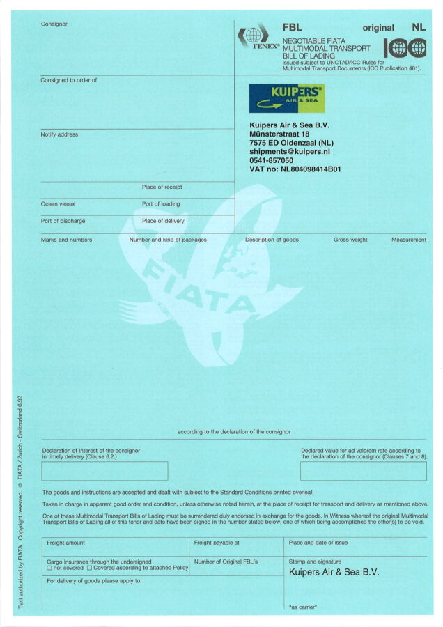 Bill of Lading van Kuipers Air & Sea B.V.