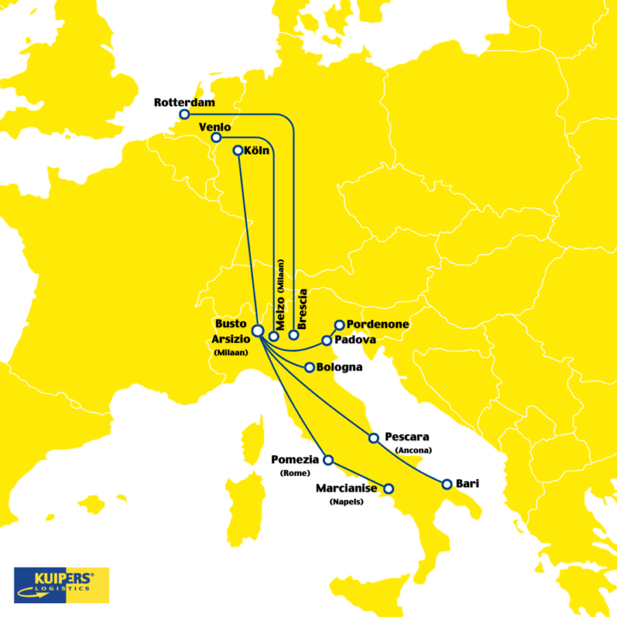 Een gele kaart met daarop in blauw de intermodale verbindingen die Kuipers Logistics gebruikt. Met daarop: Rotterdam-Brescia, Venlo - Melzo, Köln - Busto. Vanuit Busto kan je verder naar Pordenone, Padova, Bologna, Pescara, Bari, Pomezia en Marcianise.